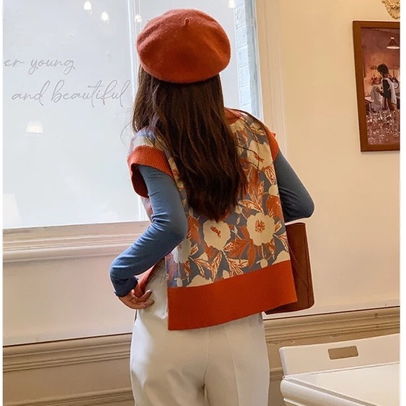 Floral know vest sweater too v-neck high low knit vintage soft orange - Picture 5 of 14